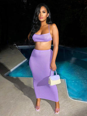Knitted 2 Piece Set  Halter Lace Up Tops & Maxi Skirt