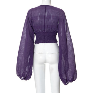 Long Sleeve See Through V Neck Purple Crop Top