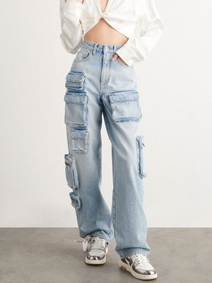 Denim High Waist Loose  Pockets Jeans