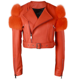 Real Sheep Leather Jacket with Fur Sleeve Lambskin