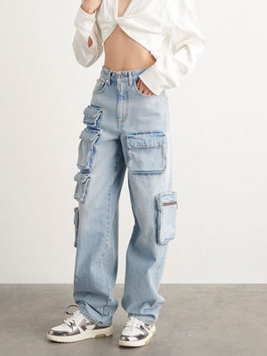 Denim High Waist Loose  Pockets Jeans