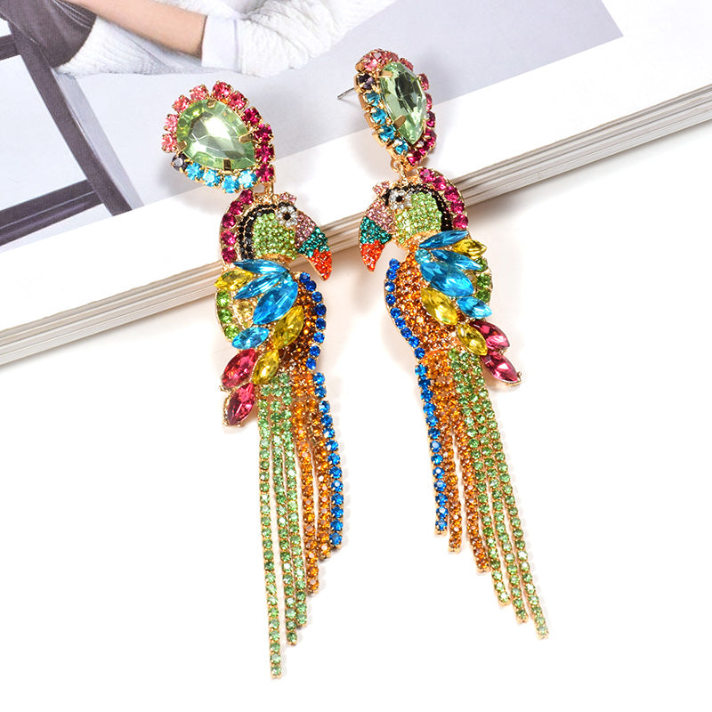 Rhinestone parrot earrings