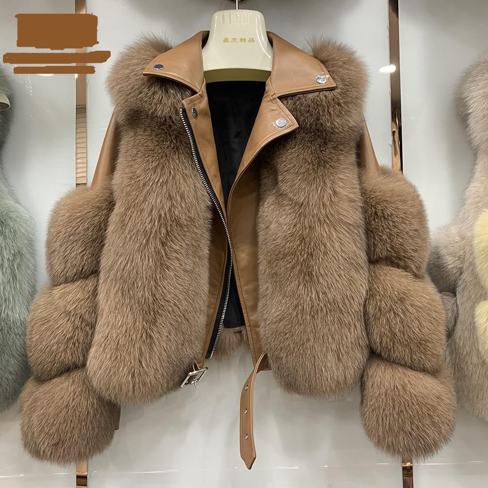 Beige Real Fox Fur Jacket With Lamb Leather .genuine Fox Fur