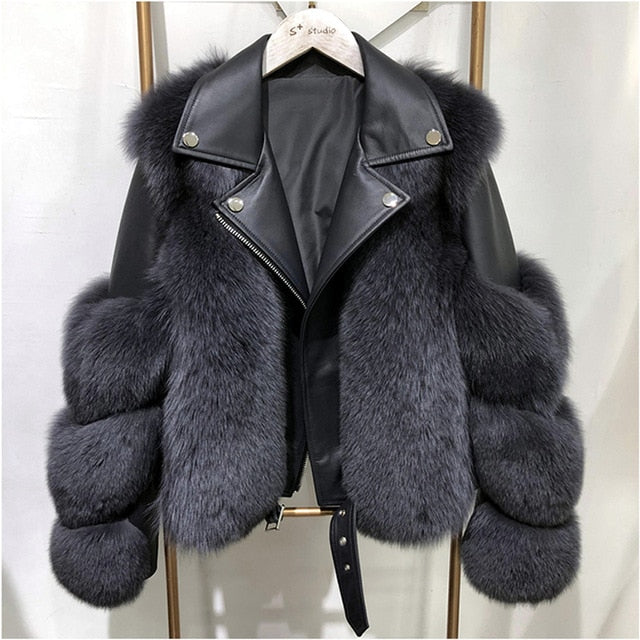 Real Fox Fur Coats With Genuine Sheepskin Leather