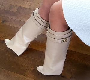 Fancey Lux  Knee high Boots  Pointed Toe Leather Wedge Over The Knee boots