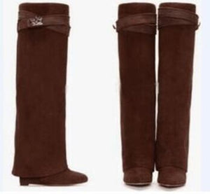 Fancey Lux  Knee high Boots  Pointed Toe Leather Wedge Over The Knee boots