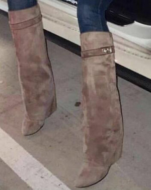Fancey Lux  Knee high Boots  Pointed Toe Leather Wedge Over The Knee boots