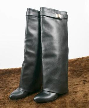 Fancey Lux  Knee high Boots  Pointed Toe Leather Wedge Over The Knee boots