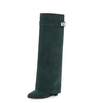 Fancey Lux  Knee high Boots  Pointed Toe Leather Wedge Over The Knee boots