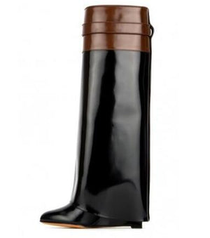Fancey Lux  Knee high Boots  Pointed Toe Leather Wedge Over The Knee boots