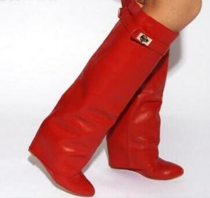 Fancey Lux  Knee high Boots  Pointed Toe Leather Wedge Over The Knee boots