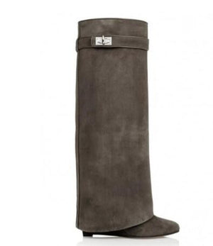 Fancey Lux  Knee high Boots  Pointed Toe Leather Wedge Over The Knee boots